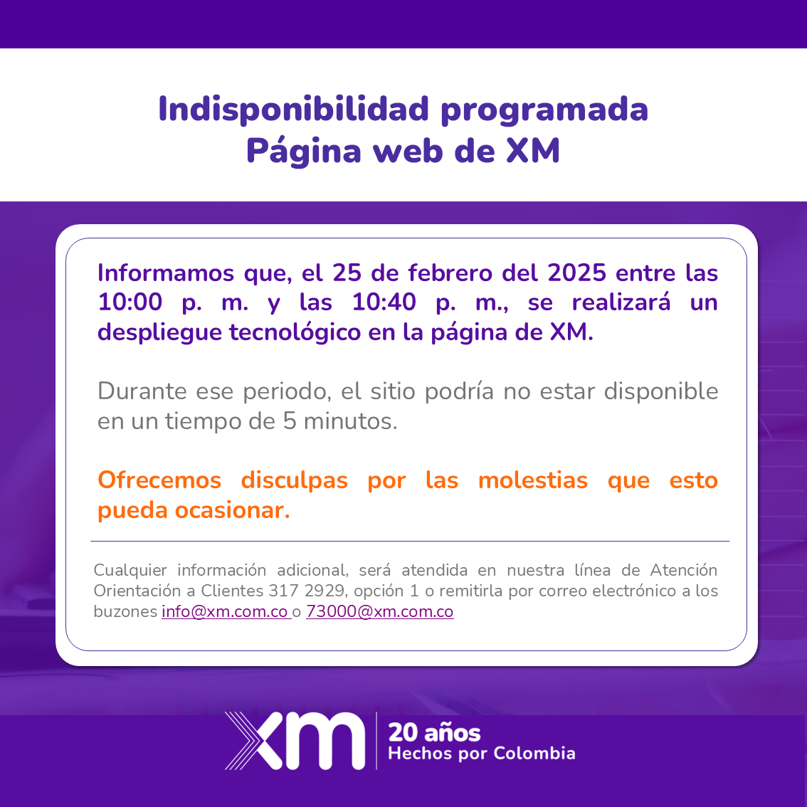 Indisponibilidad página XM - 25 de febrero del 2025