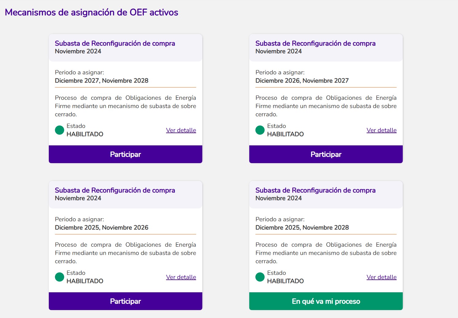 Mecanismos de asignación de OEF activos: 4 elementos de Subasta de Reconfiguración de compra Noviembre 2024, 1) vigencia 2027-2028, 2) vigencia 2026-2027, 3) vigencia 2025-2026, 4) vigencia 2025-2028