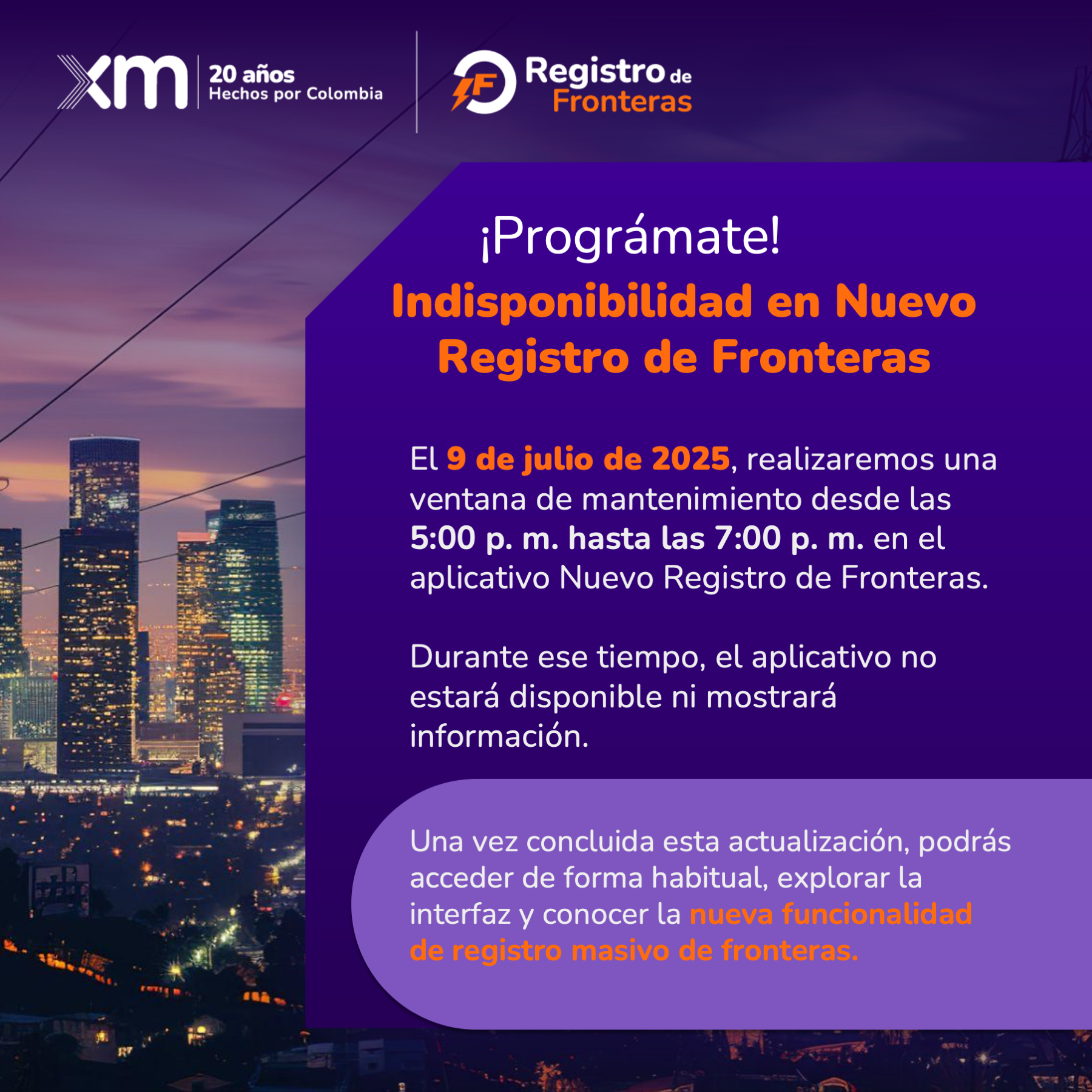 Indisponibilidad programada aplicativo Nuevo Registro de Fronteras