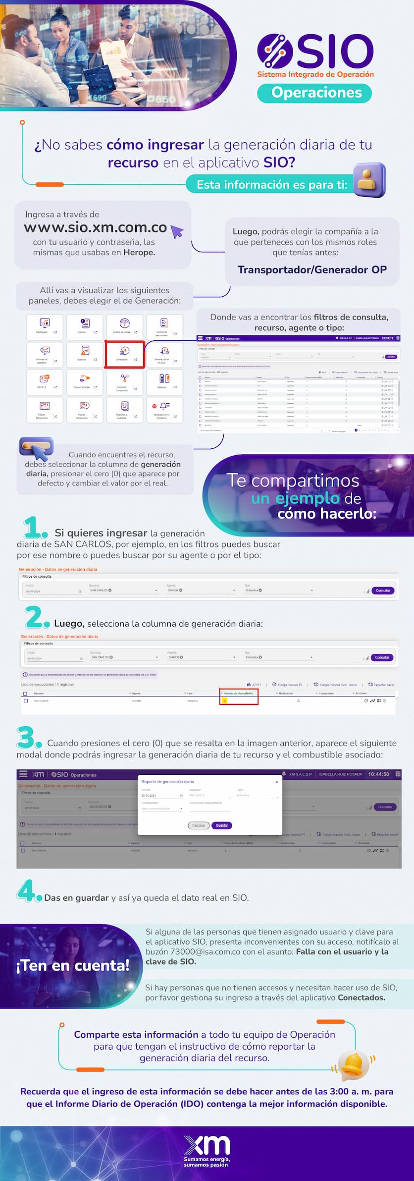 Detalle de como ingresar la generación diaria SIO