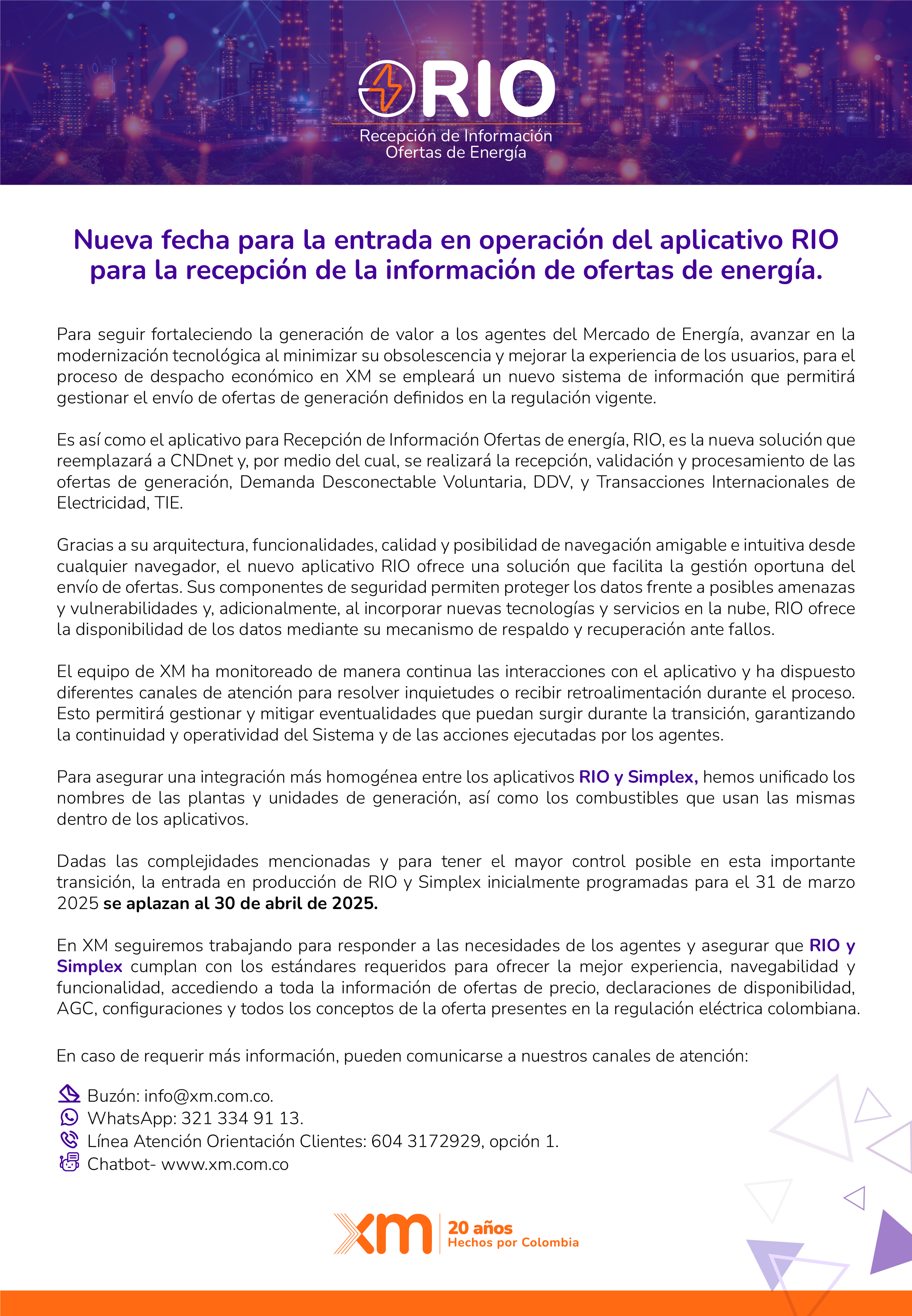 Nueva fecha para la entrada en operación del aplicativo RIO para la recepción de la información de ofertas de energía.